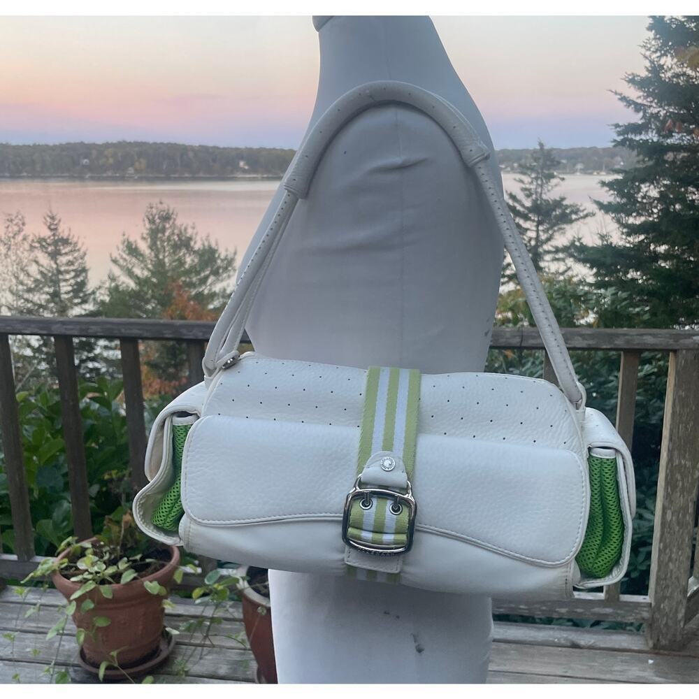 Cole Haan Catherine SP05 White Leather Shoulder Bag Green Stripe Perforated